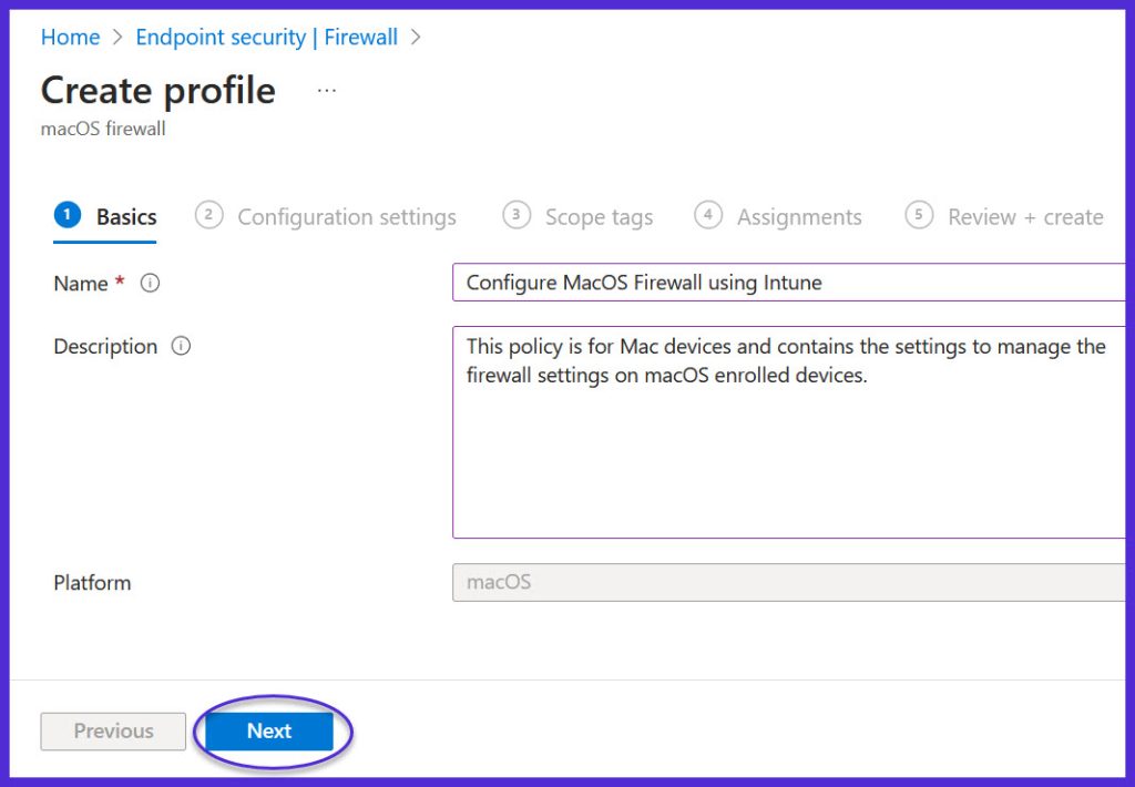 Specify macOS firewall policy name and description